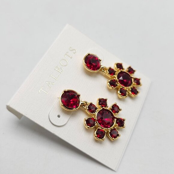 Talbots Red Crystal Flower Gold-Tone Drop Earrings - Picture 2 of 4